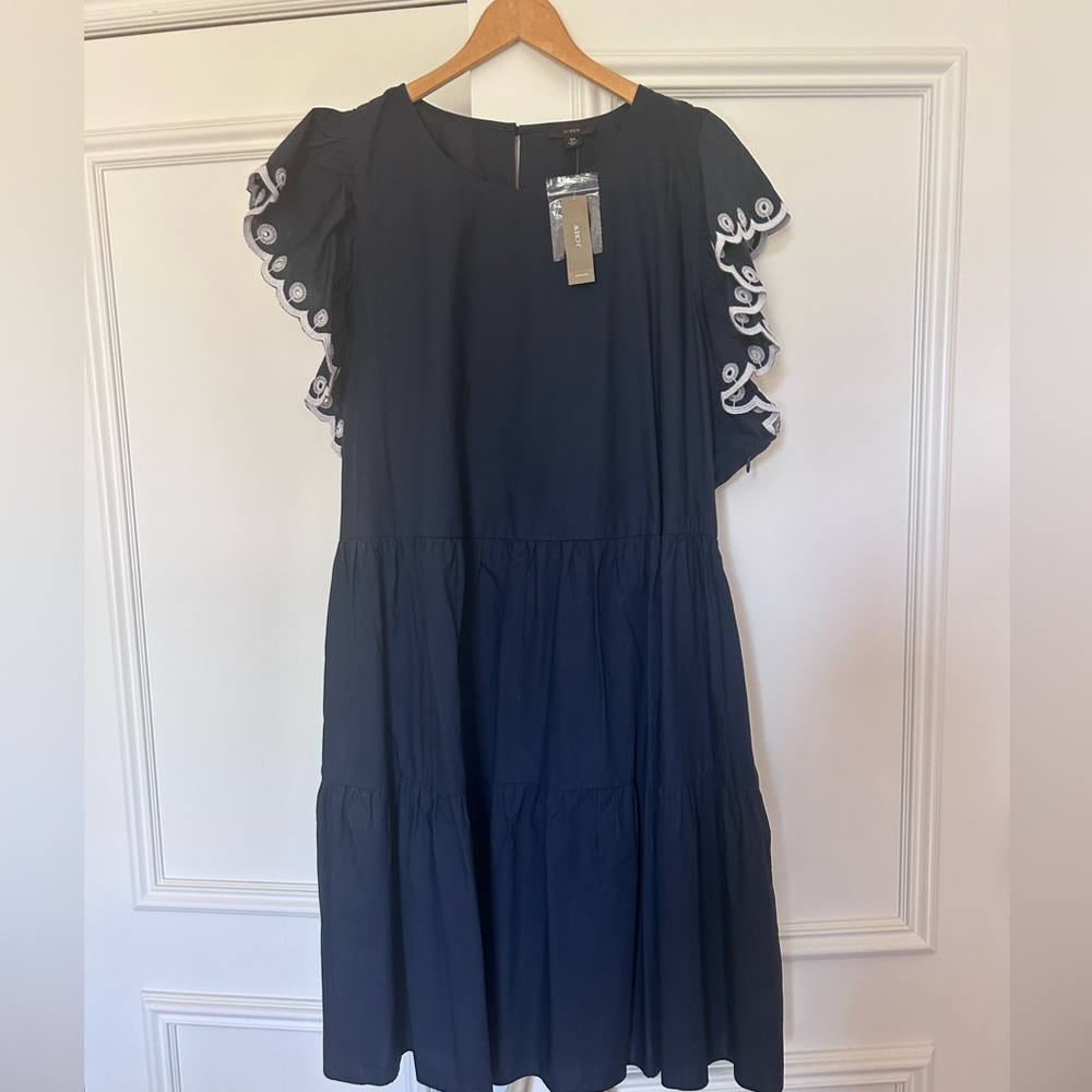 J Crew Tiered Navy Dress with Scalloped Sleeve Detail
